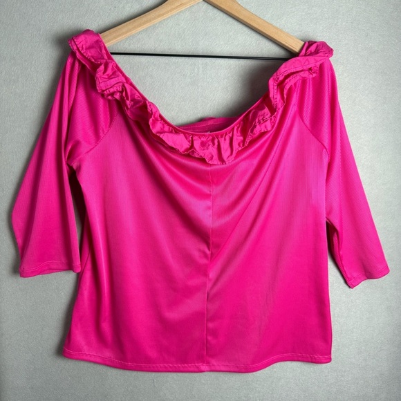 Cato Women’s Pink Ruffle Trim Off the Shoulder 3/4 Sleeve Ribbed Blouse size XL - Picture 5 of 8